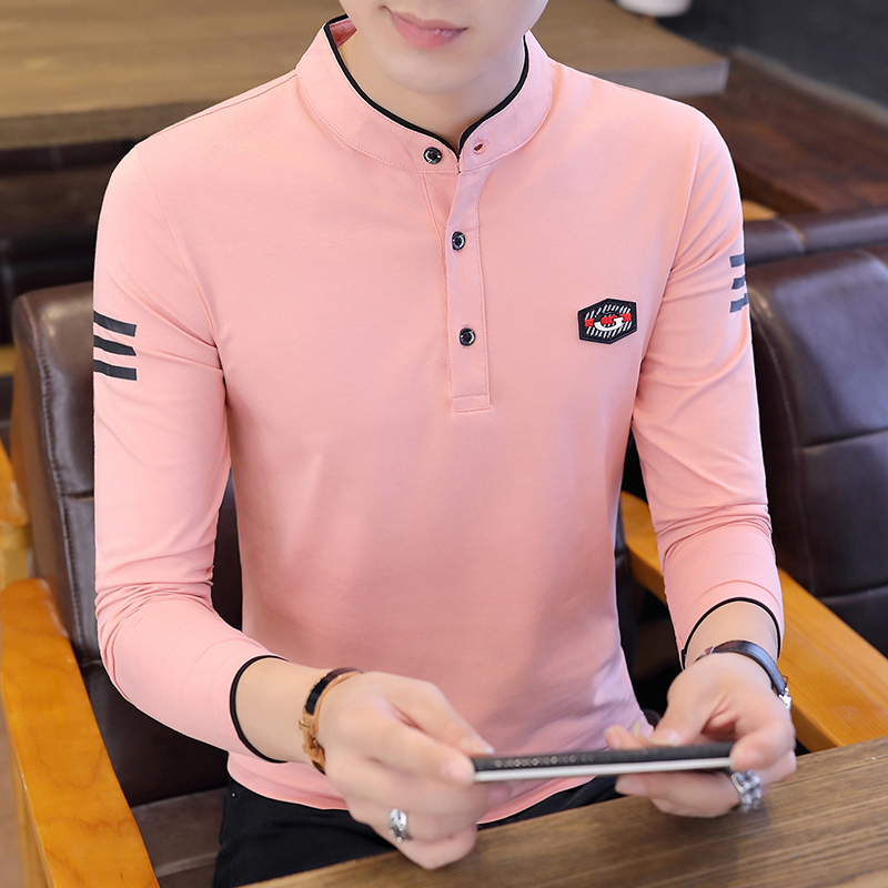 Trendy Pure Cotton Long-Sleeve T-Shirt for Men, Round Neck Versatile Sweatshirt, Base Layer Shirt, 2025 Spring New Style Student Stand-Up Collar T-Shirt