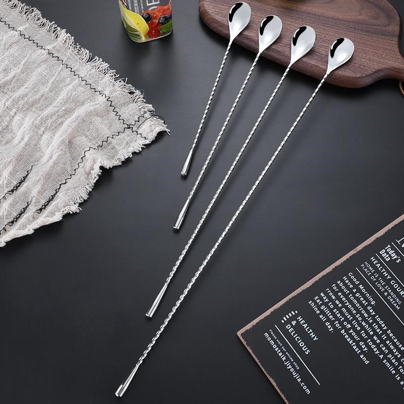 延長スパイラルハンドルウォータードロップ304ステンレススチールジュースミルクティーバースプーンホットセールカクテルシェイカースティックスターラースプーン