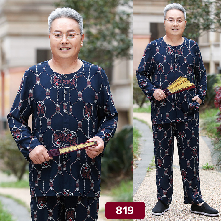 Người đàn ông trung niên của cotton lụa mùa hè cha ông nội dài tay quần cardigan cotton lụa chần đồ ngủ bộ đồ lót nam cao cấp