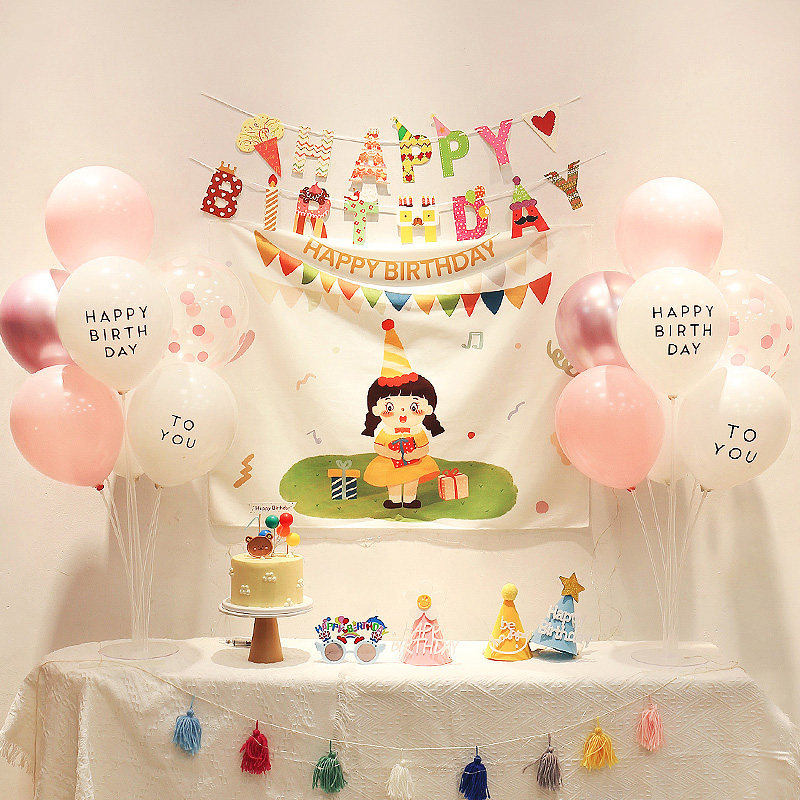 Ins Happy Birthday Decoration Background Cloth Girl Baby Boy Year Anniversary Party Balloon Table Floating Atmosphere Scene Arrangement