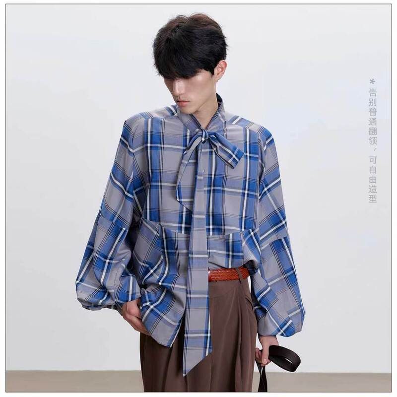 Moult | Retro Plaid Ribbon Shirt Men's Stand-Up Collar Bow Tie Long-Sleeved Top Casual Niche Blended Shirt