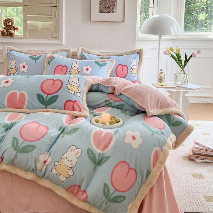 2022 new winter thickened coral velvet bed four-piece set milk velvet double-sided bedding bed sheet quilt cover flannel
