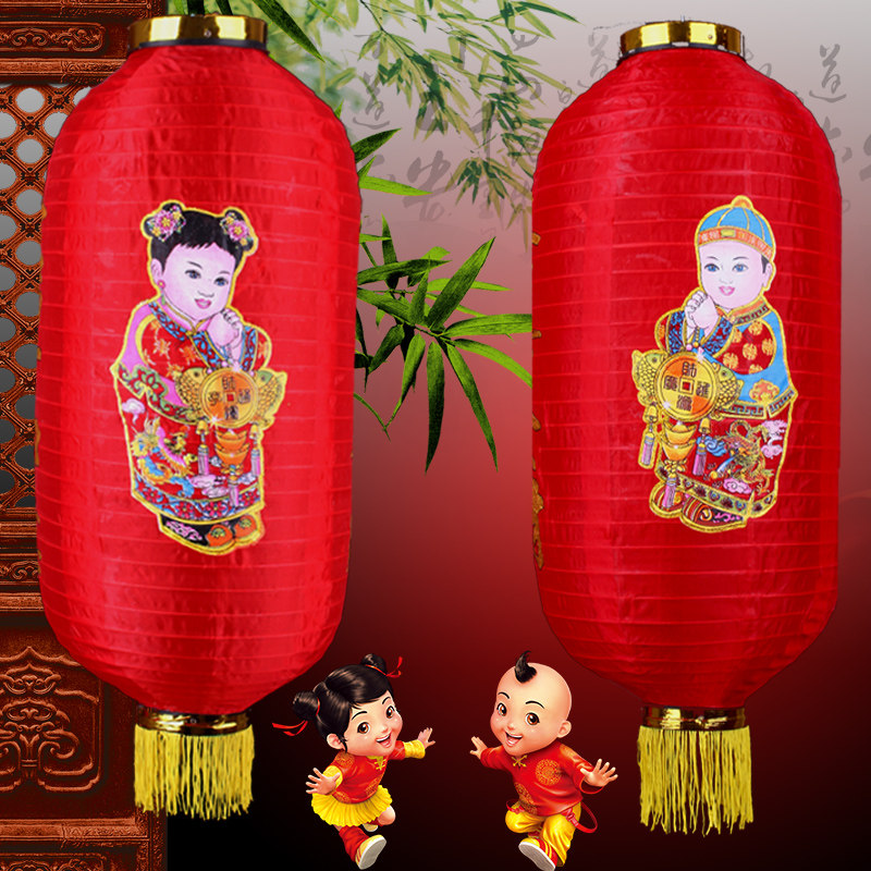 Cartoon character golden boy and girl big red satin lantern New Year's decoration folding blessing character brushed wax gourd lantern pendant