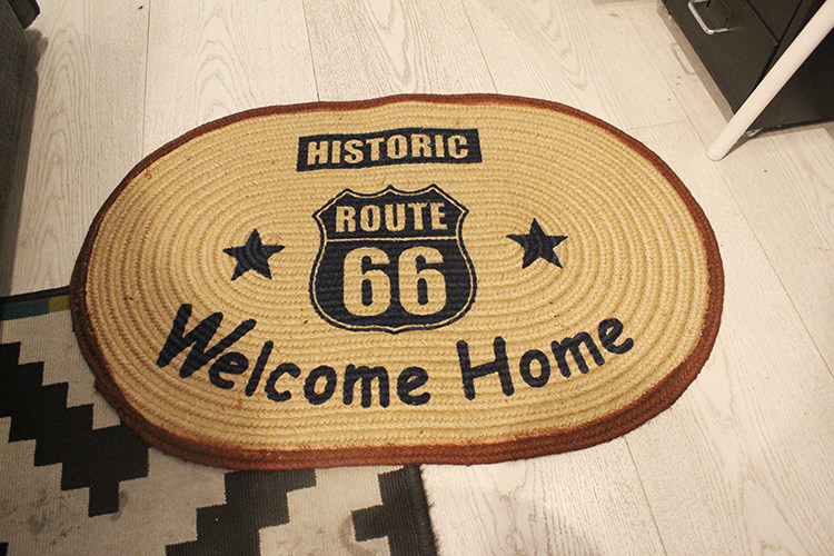 American vintage home mat US 66 road print kitchen linen sisal cushion Indian industrial style