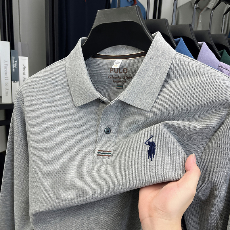 【Split Hem】Paul 100% Pure Cotton Long-Sleeve Polo Shirt for Men, Autumn Turn-Down Collar T-Shirt with Horse Logo, Loose Fit Top