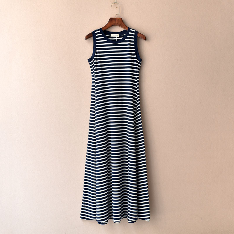 Summer New Style Pure Cotton Striped Sleeveless Flared Dress, Slim-Fitting and Ankle-Length Tank Dress, Plus-Size Maxi Dress