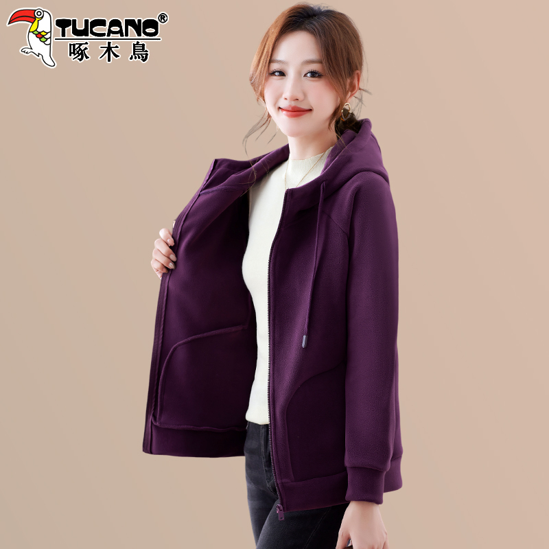 Woodpecker Fleece Jacket Women's 2026 Autumn and Winter New Fleece Cardigan Sweatshirt Women's Hooded Warm Top