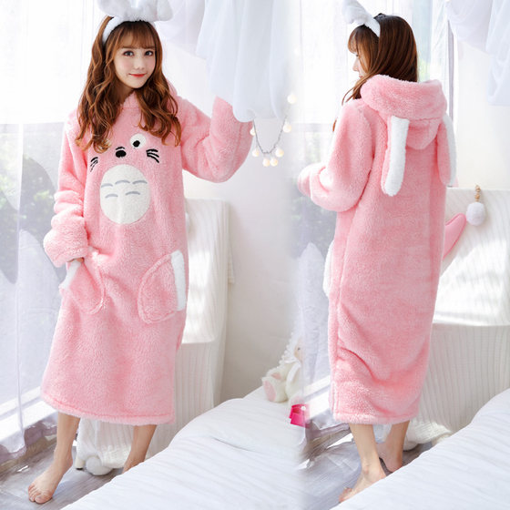 Nightdress women's winter mid-length flannel Korean version student cute Totoro thickened warm plush pajamas home service