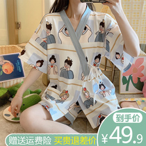 Kimono Pyjamas Women Summer Pure Cotton Short Sleeves Thin Grid Sweet all-cotton Brief Yoloose Student Home Suit Suit