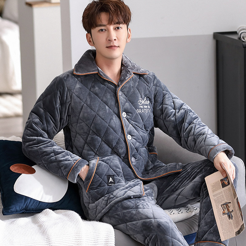 Men's pajamas winter coral velvet three-layer thickened padded cotton middle-aged and elderly warm flannel cotton jacket home wear set