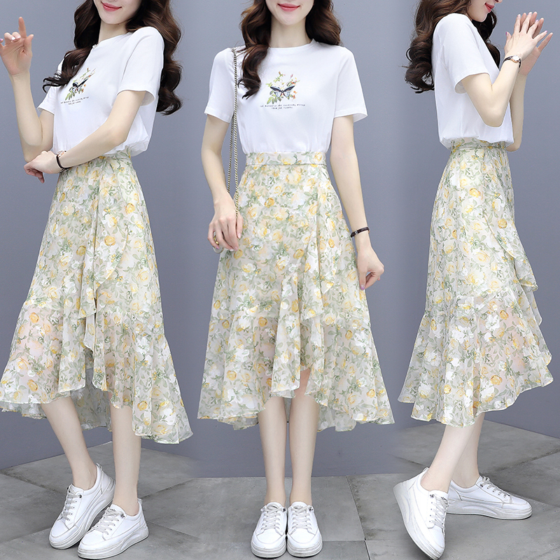 French-Style Niche Chiffon Floral Dress for Women, Summer 2026 New Irregular Sweet Two-Piece Set Dress