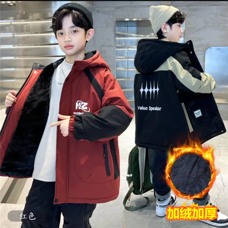 Autumn and Winter Boys' Fleece-Lined Jacket 2025 New Model for Older Children, Thickened Windbreaker, Softshell Jacket, Cotton Coat, Children's Winter Clothing