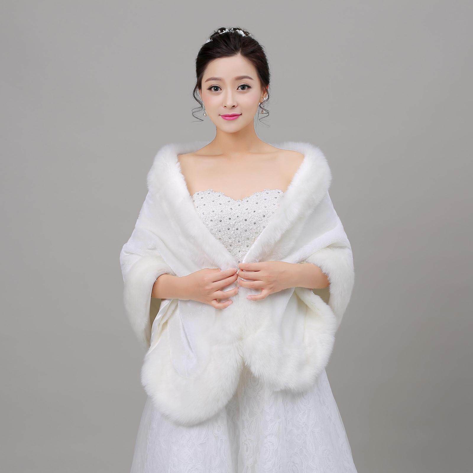 Wool shawl cape coat new bridal wedding dress large size warm thickened imitation leather grass wedding coat white red