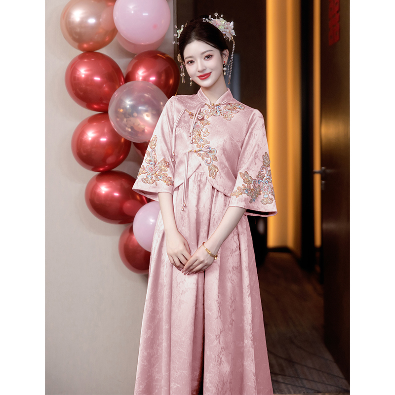 New Chinese-Style Pink Maternity Cheongsam for Toasting, Bride's Engagement Dress, Plus-Size High-Waisted Belly-Covering Homecoming Casual Wear