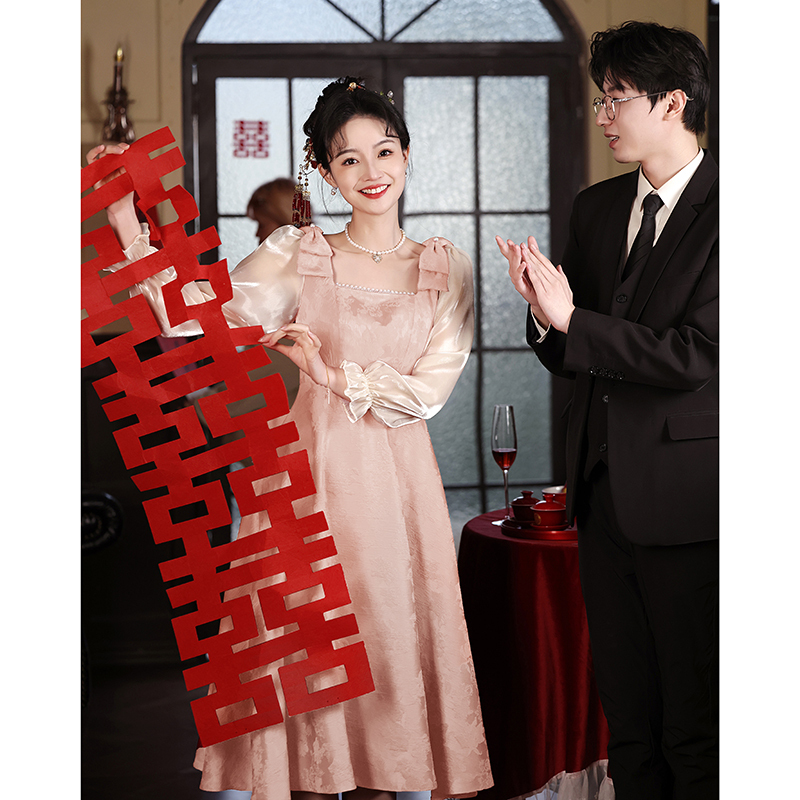 Maternity Toast Dress, Bride's Homecoming Engagement Dress, Plus Size Fat mm Pink Bridesmaid Dress, French Long-Sleeved Autumn and Winter Dress