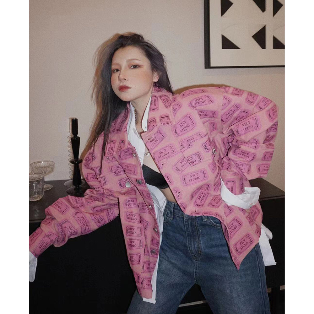 NECY high-precision full-stamp printed twill jacket female couple trendy fashion loose jacket oversize