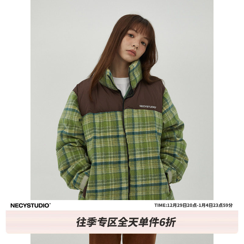 NECY green plaid stitching cotton clothing women's national tide brand high street loose retro stand collar loose all-match coat autumn and winter