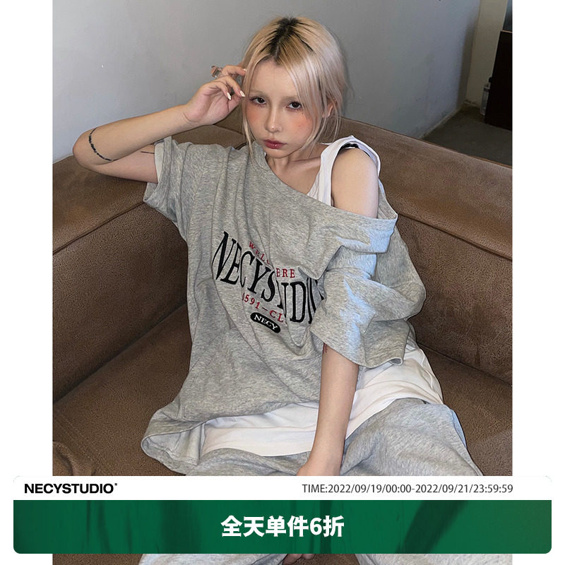 NECY summer two-color street sports style letter embroidery large round neck short-sleeved women's national tide brand oversize half-sleeve