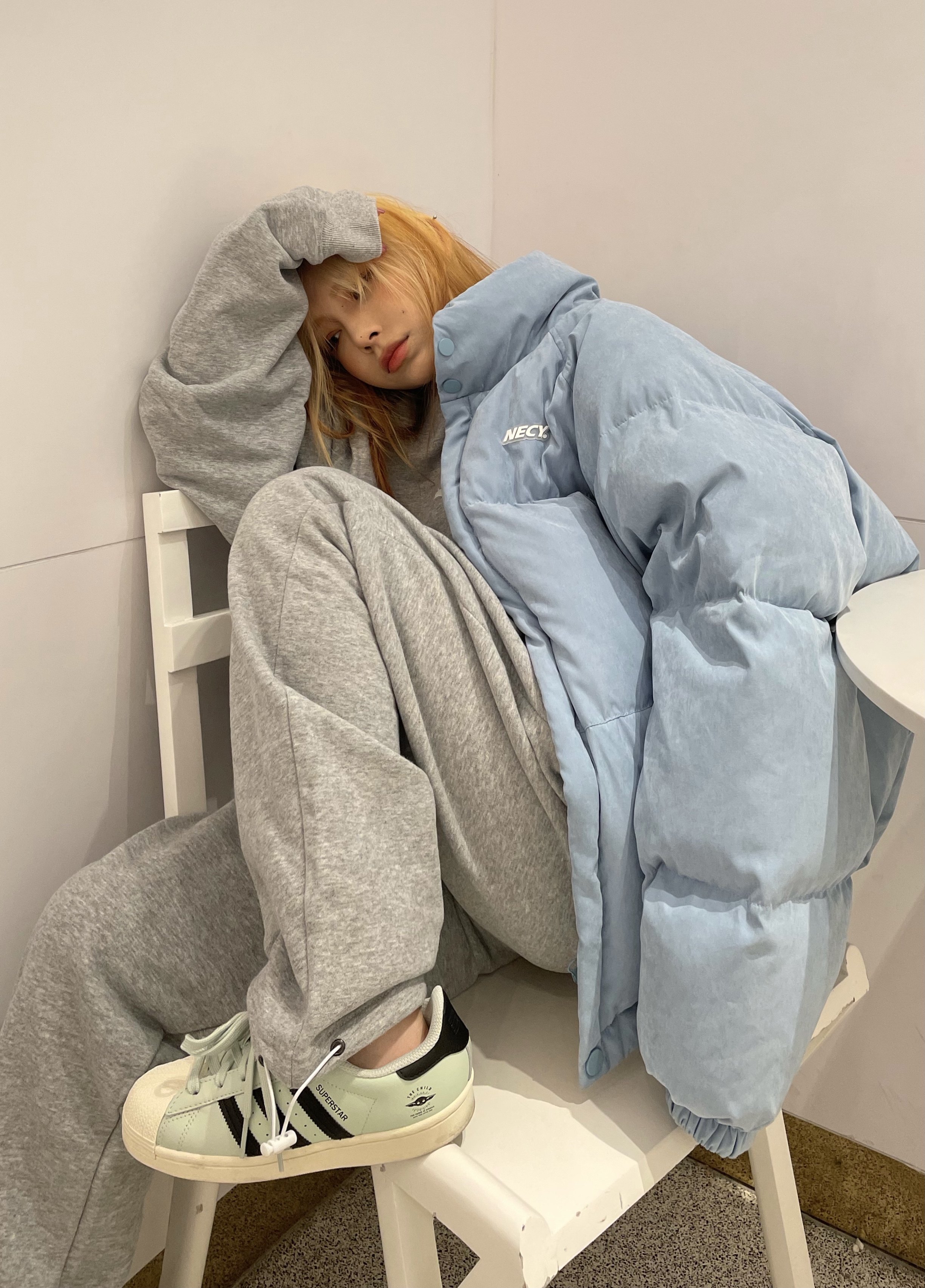 NECY campus style two-color webbing suede straight collar down jacket female couple trendy warm bread jacket winter