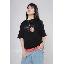 NECY black spoof PS printed short-sleeved female couple loose street hip-hop pure cotton crew neck casual wild top