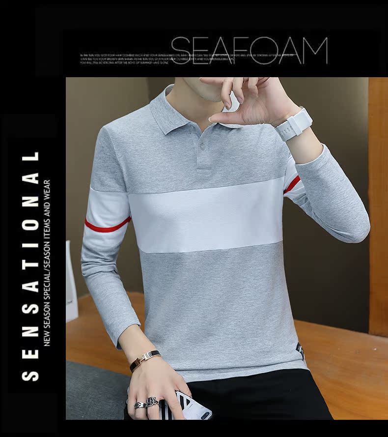 Áo thun nam tay dài mùa thu 2018 áo len nam trẻ trung áo thun dài tay sọc áo ve áo POLO áo sơ mi nam triều hàn áo thun nam polo