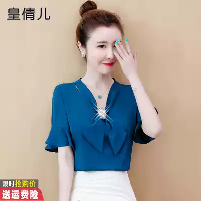 Bow lace-up short sleeve satin chiffon shirt women 2021 summer New loose slim base shirt short sleeve top