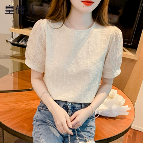 Модная шифоновая летняя футболка, короткий рукав, коллекция 2023, оверсайз, свободный крой, в западном стиле, с вышивкой, рукава фонарики