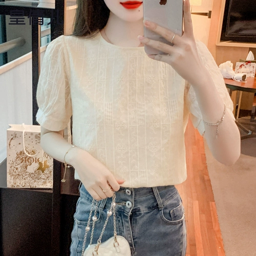 Модная шифоновая летняя футболка, короткий рукав, коллекция 2023, оверсайз, свободный крой, в западном стиле, с вышивкой, рукава фонарики