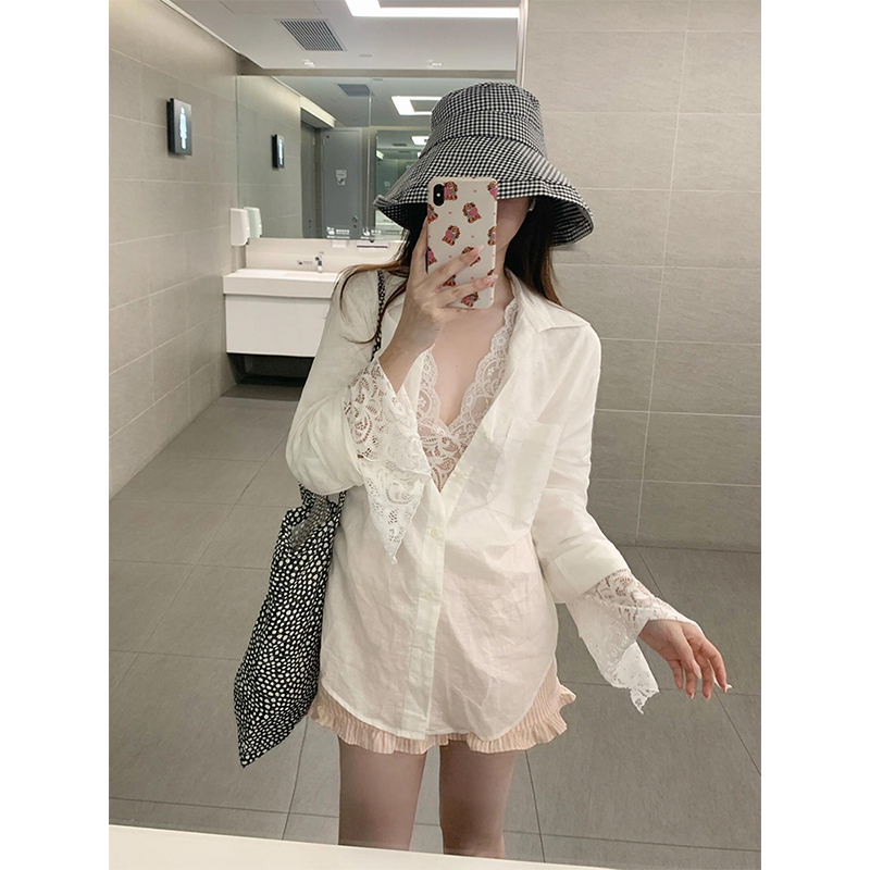 K2 Onlinestore Pure Desire Style White Slightly See-Through Long-Sleeved Sun Protection Shirt, Feminine Lace Inner Wear Two-Piece Set