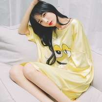 Sleeping Dress Woman 2022 Summer New Ice Silk Short Sleeve Printed Sleeping Clothing Loose big code Leisure thinner Home Clothing