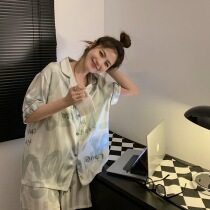 Pajamas Woman 2022 Summer New Ice Silk Printed Short Sleeve Cardiovert Shorts Suit Couple of Casual Home Clothes