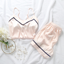 Sleepwear Women Summer Style Ice Silk Harnesses Sleeveless Shorts Suit Sexy Seductive Thin Pieces Silk Casual Pure Color Home Clothing