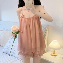 Sleepwear women Summer slim Sexy Net Yarn Pendant Strap Dress 2022 New Sweet And Cute Pink Shorts Two-piece Set
