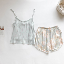 Sleepwear Womens Summer Ice Silk Thin Sexy Harness Sleeveless Shorts Suit Sweet silk Broken Flowers Casual Home Clothing