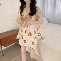 Sleeping Skirt Woman Summer Thin style Cute Round Collar Short Sleeve Shorts Two Sets Cartoon Print Medium Long Casual Home Clothing