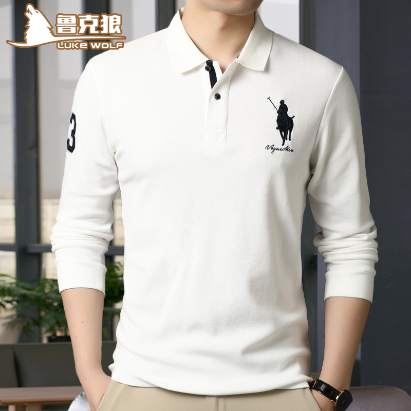 Men's T-Shirt Golf Pure Cotton Spring and Autumn Polo Shirt with Collar Long-Sleeve Fleece-Lined Thickened Polo Shirt Top