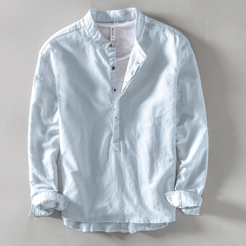 Spring and Summer Linen Long-Sleeved T-Shirt Men's Casual Loose Stand-Up Collar Polo Shirt t Retro Cotton and Linen Top