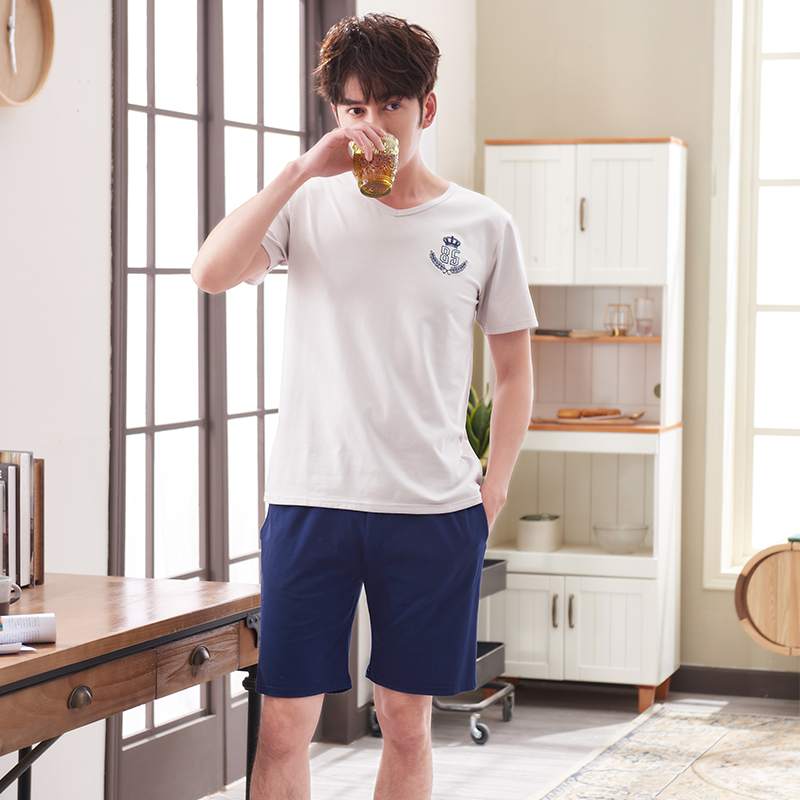 Summer mens đồ ngủ mỏng băng lụa ngắn tay quần short Mordale mens mùa hè bông mặc nhà bộ tăng kích thước.