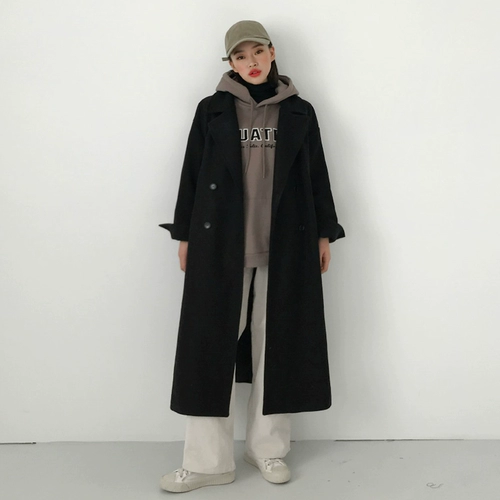 Демисезонное шерстяное пальто, длинная куртка, свободный крой, длина макси