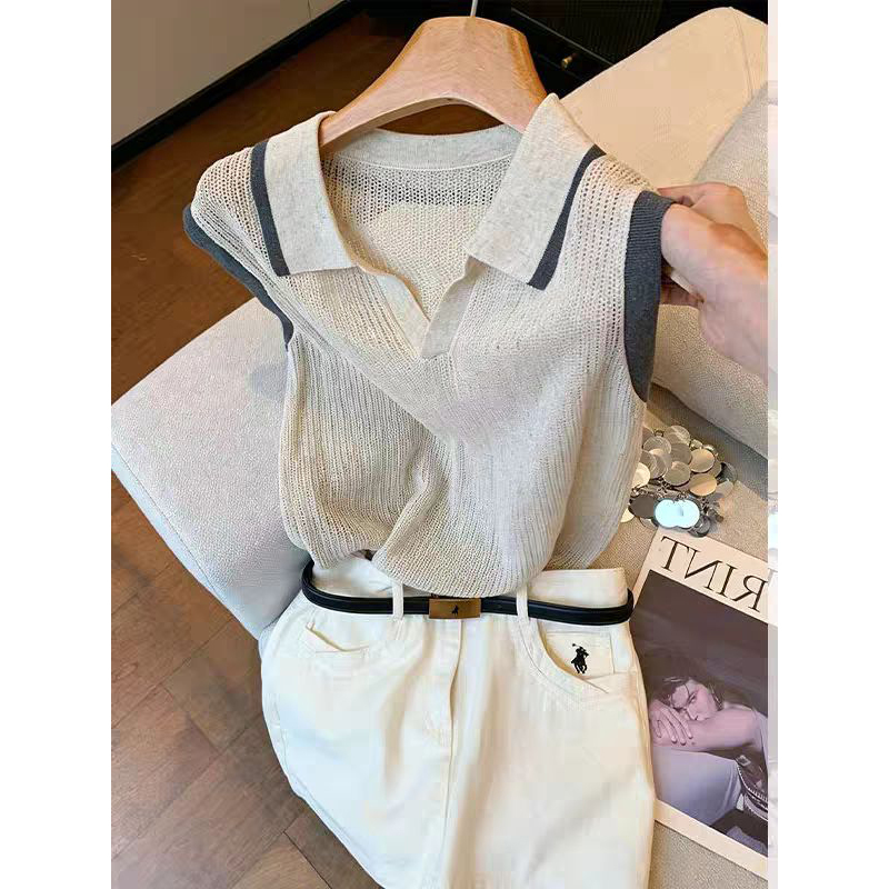 Discounted Women's Clothing from the Store: Old Money Style, Simple Color-Blocking, Polo Collar, Sleeveless Knit Vest, Summer Slim-Fit Top