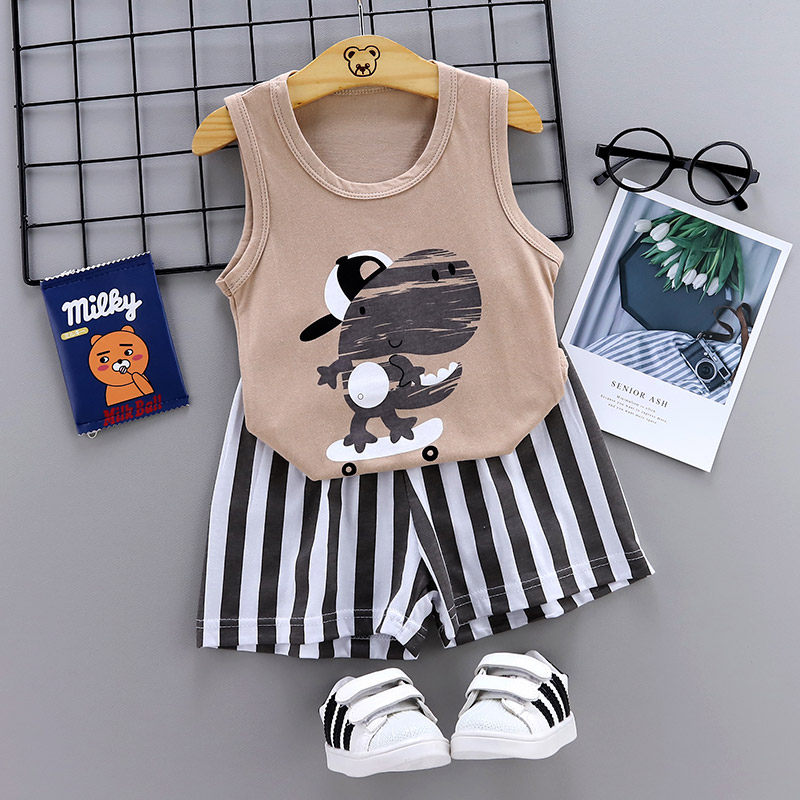 Summer children's vest suit cotton boys and girls sleeveless shorts wear baby cartoon home clothes thin trendy
