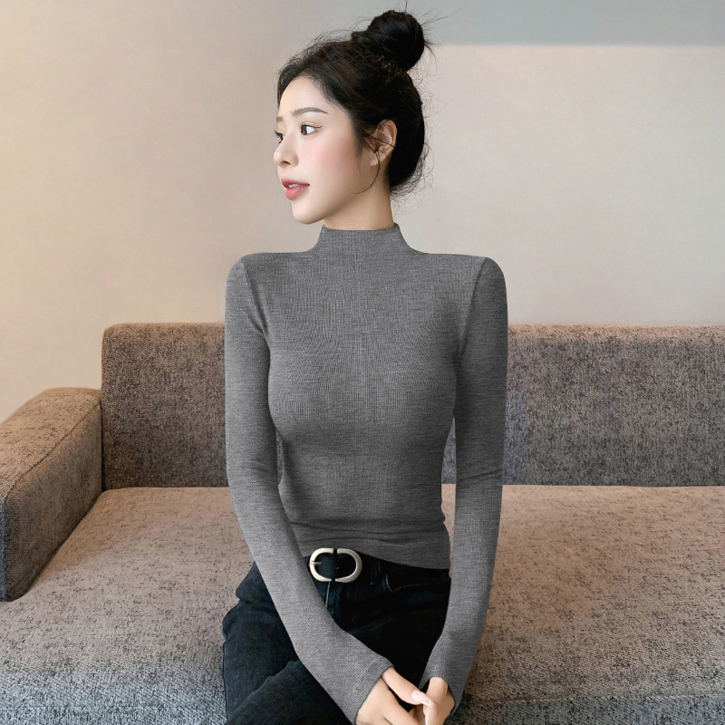 Half-height collar bottom-shirt woman 2023 new spring autumn winter inside lap long sleeves to lead the body foreign air knit black blouses-Taobao