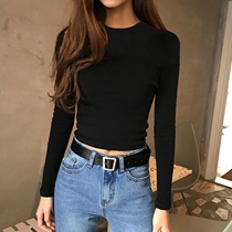 Black exposed navel blouse woman long sleeve high waist and half high collar t shirt tight fit short underbelly button body pure cotton jersey