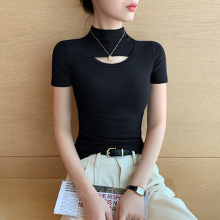 Half-High Collar Black Short-Sleeve T-Shirt for Women 2026 New Style Regular Shoulder Slim Fit Ribbed Hollow Design Top for Summer