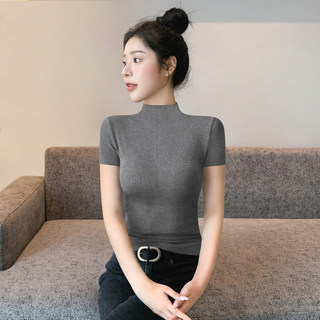半高领短袖t恤女夏季2026新款正肩修身打底内搭冰丝针织黑色上衣
