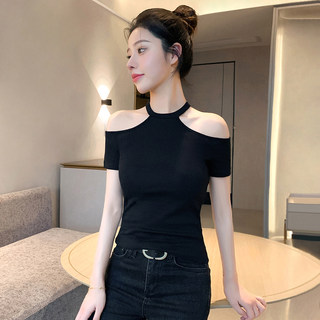 Black Halter Neck Off-Shoulder Top for Women, Summer Design, Slim-Fit Short-Sleeve T-Shirt, 2026 New Style, Off-Shoulder Neckline with a High-End Feel