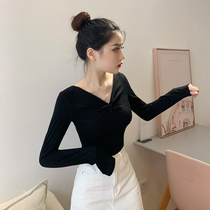 Deep v-neck jacket women's long sleeve black interior with slim cotton tight T-shirt heart foreign style ins autumn bottoming shirt