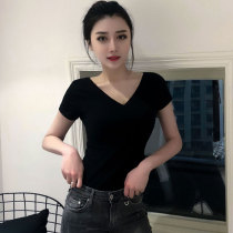 Black v collar t-shirt woman tight short sleeve pure cotton large neckline chicken heart collar compassionate half sleeve fix with low collars back blouses