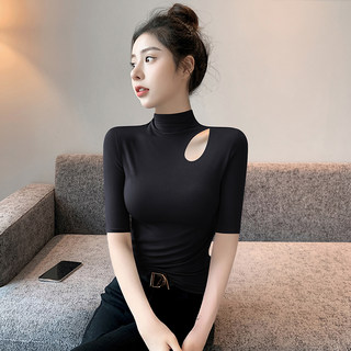 Hollow-Out Half-High Collar Black Base Shirt for Women 2026 New Mid-Sleeve T-Shirt Five-Quarter Sleeve Knitted Base Layer Top