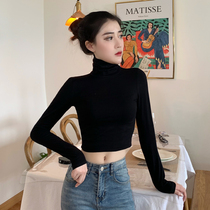 High-necked short bottoming shirt women's blouse in autumn and winter plus velvet tight high waist long sleeve black inner padded foreign style T-shirt